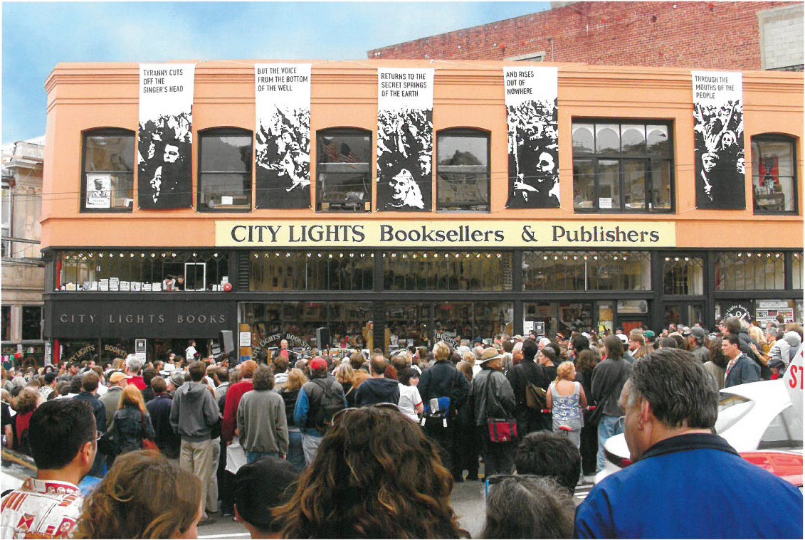 Huge crowd gathers outside the City Lights storefront to protest the Iraq War